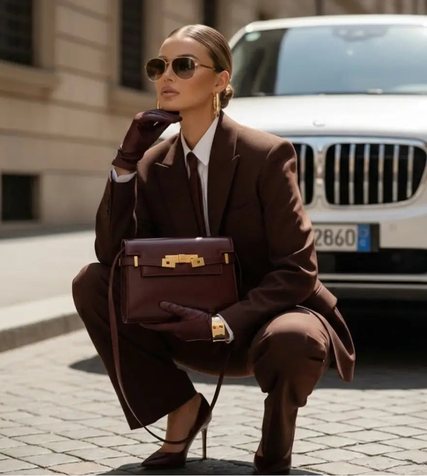 Woman in a brown coat and sunglasses holding a purple handbag on a city street.