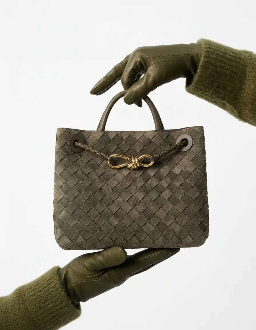 Hand holding a woven handbag with a gold bow detail against a white background